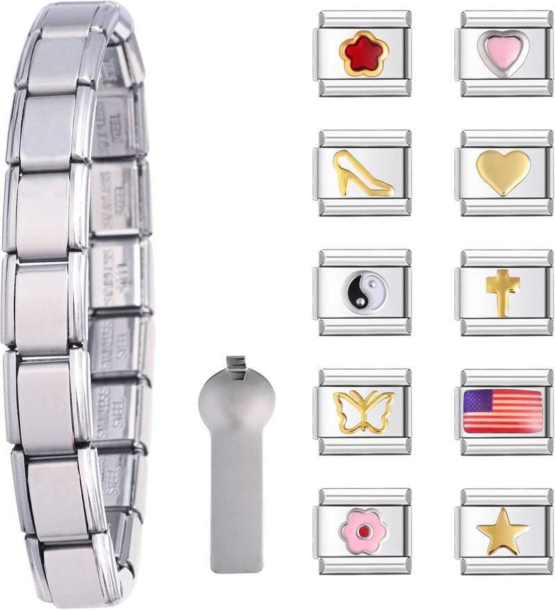 Gracayfr سوار سحر إيطالي 10 قطع، سحر إيطالي DIY، سوار سحر رابط وحدات كلاسيكي من 2000، هدايا عيد الهالوين وعيد الميلاد للنساء والفتيات مع أداة - Image 1